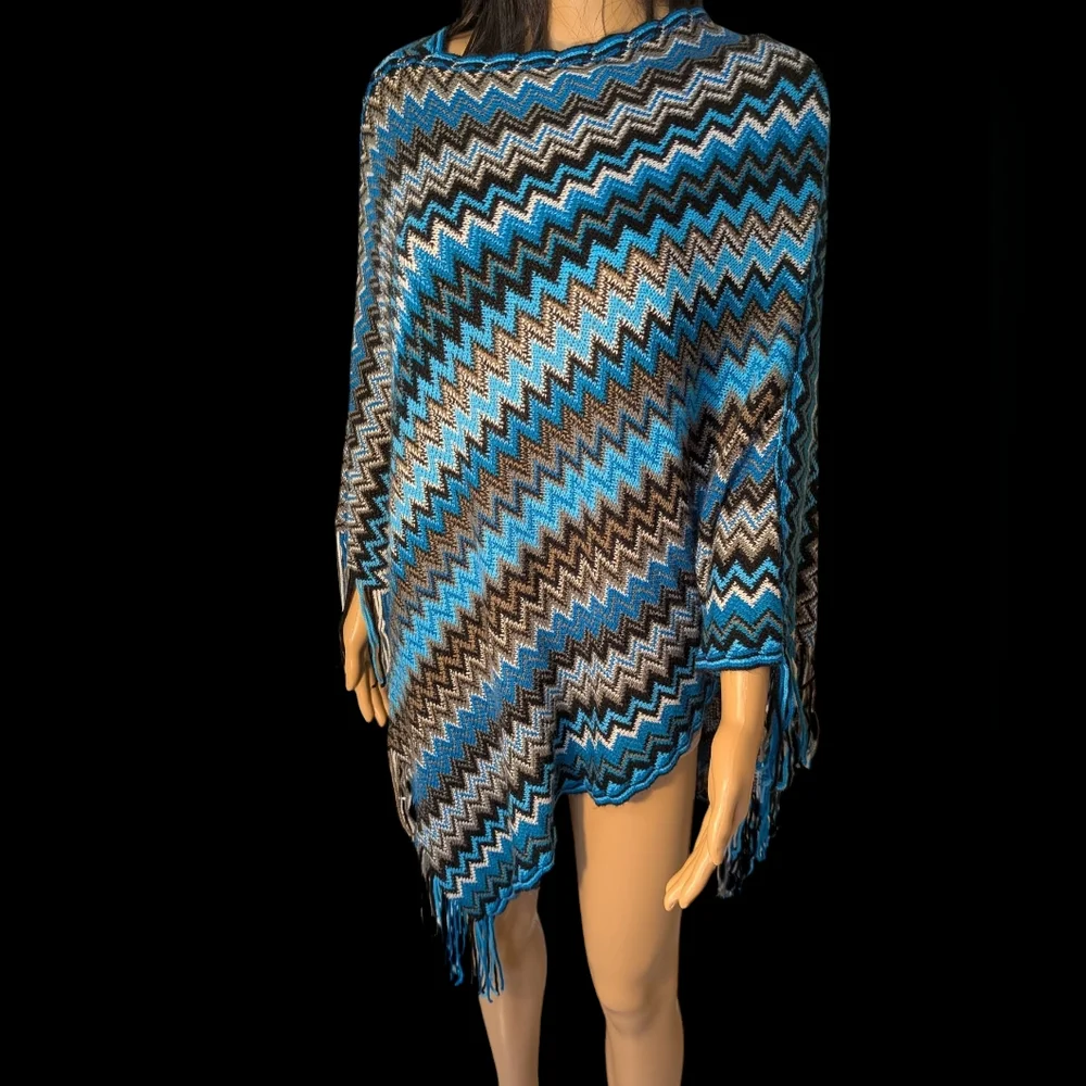 Loose Knit Poncho Sweater Turquoise & Black With Fringes